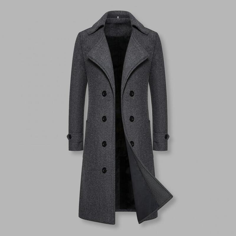Men Thick Overcoat Long Coat Double-breasted Men's Overcoat Slim Fit Mid Length Long Sleeve Thick Windproof Warm Solid Color