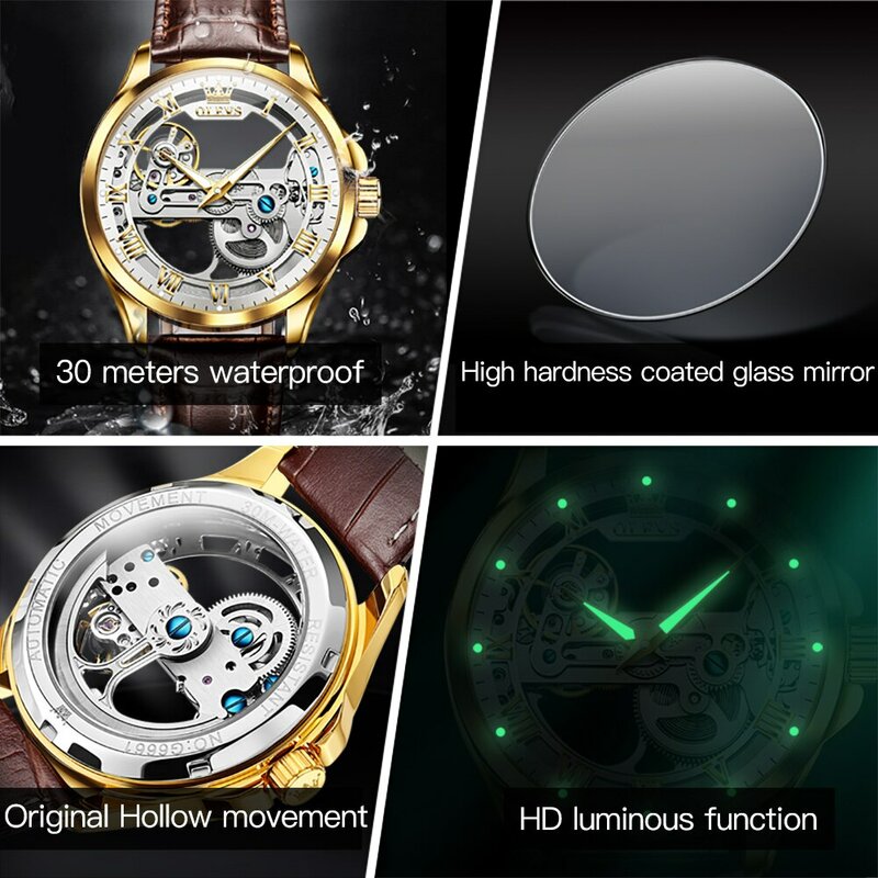 OLEVS-Reloj de pulsera mecánico automático para Hombre, cronógrafo de lujo con correa de cuero, resistente al agua, diseño de esqueleto