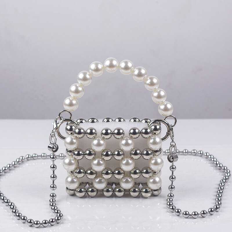 Bolso de noche con perlas plateadas para mujer, bolsa de mano hechas a mano con perlas, tipo cubo, Bolso de mensajero elegante, M