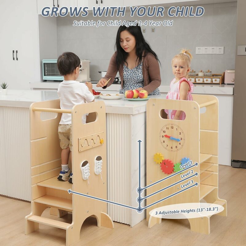 Toddler Kitchen Stool Helper Adjustable Standing Tower for Kitchen Counter with Slide, Chalkboard, Montessori Activities