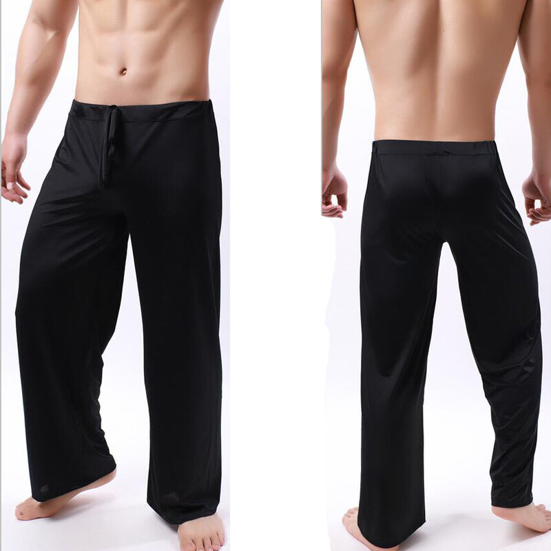 Pantalones de pijama informales para hombre, ropa Sexy de seda de hielo de Color sólido con cordón, cintura elástica, holgada, para Yoga y salón