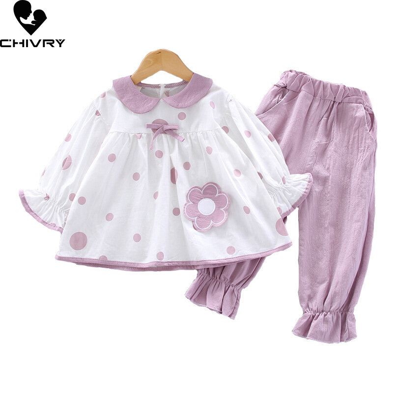 New 2023 Baby Girls Spring Autumn Fashion Flower Polka Dot Long Sleeve Lapel Tops with Solid Pants Kids Casual Clothing Sets