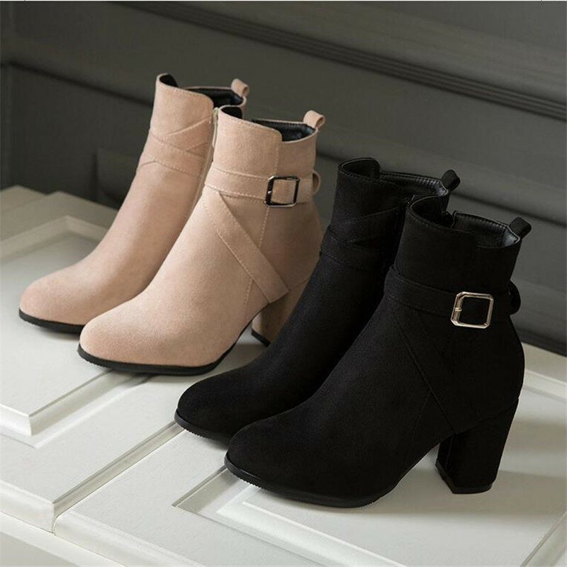 Elegant Women's Chunky High Heel Ankle Boots Autumn Winter Fashion Suede Side Zipper Female Short Boots Party Shoes Size 34-43