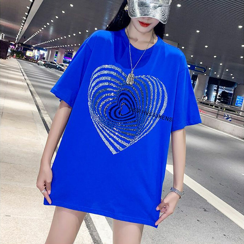 Women's Clothing Korean Loose Pullovers Fashion Heart-shaped Diamonds Commute 2024 Summer Casual Round Neck Short Sleeve T-shirt
