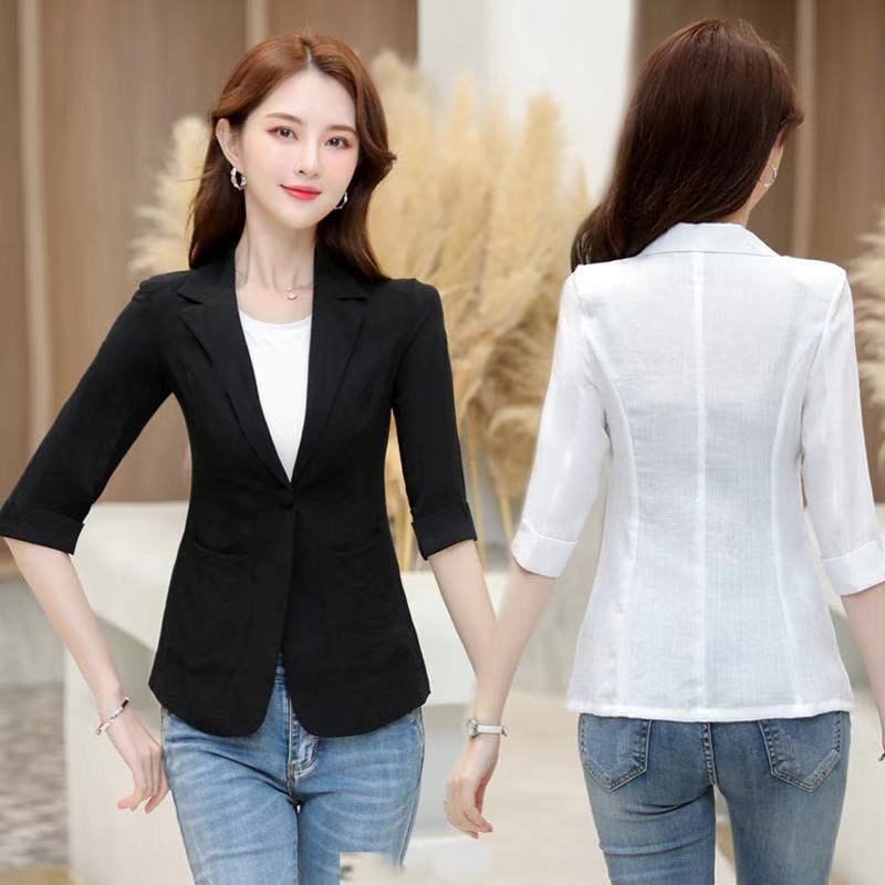 Women Cotton Linen Blazer 2024 New Summer Short Suit Jacket Korean Casual Summer Sun Protection Clothing Large Size 5XL Thin Top