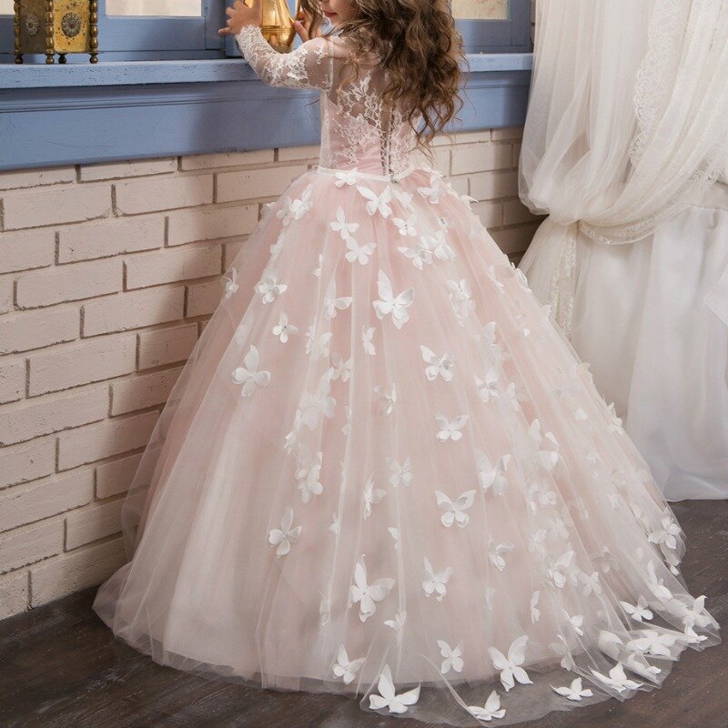 Elegancka, długa rękaw kwiatowe koronkowe sukienki imprezowe dla dzieci suknie balowe urodzinowa motyl dziecko tiulowa sukienka westydo