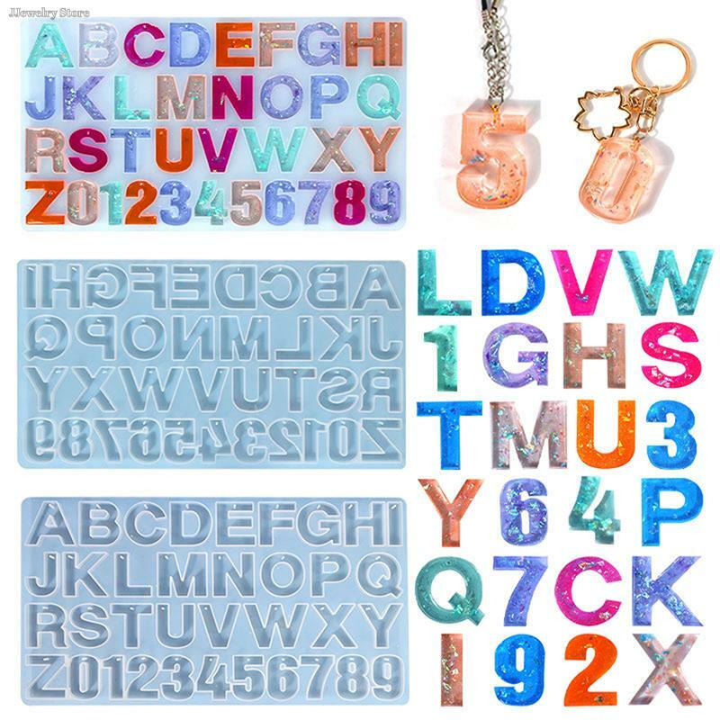 Cetakan silikon nomor huruf alfabet 1 buah cetakan alfabet DIY cetakan kristal epoksi Resin transparan cetakan gantungan kunci liontin