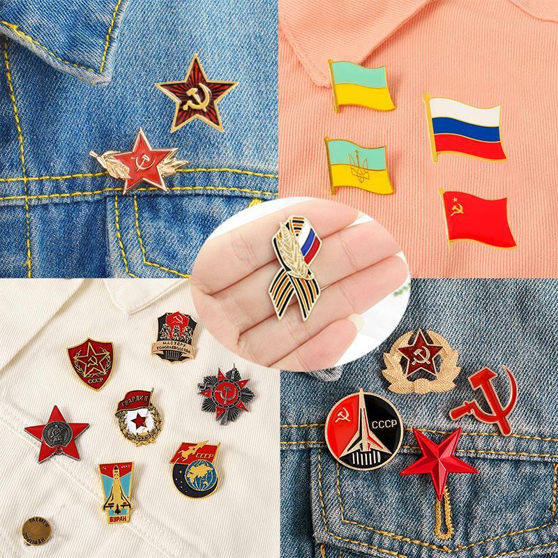 Russian Flag Brooch Ribbon Sign Badge With USSR Symbol Badge Patriotism Red Star Victory Day Lapel Pins Icon Backpack Decorative
