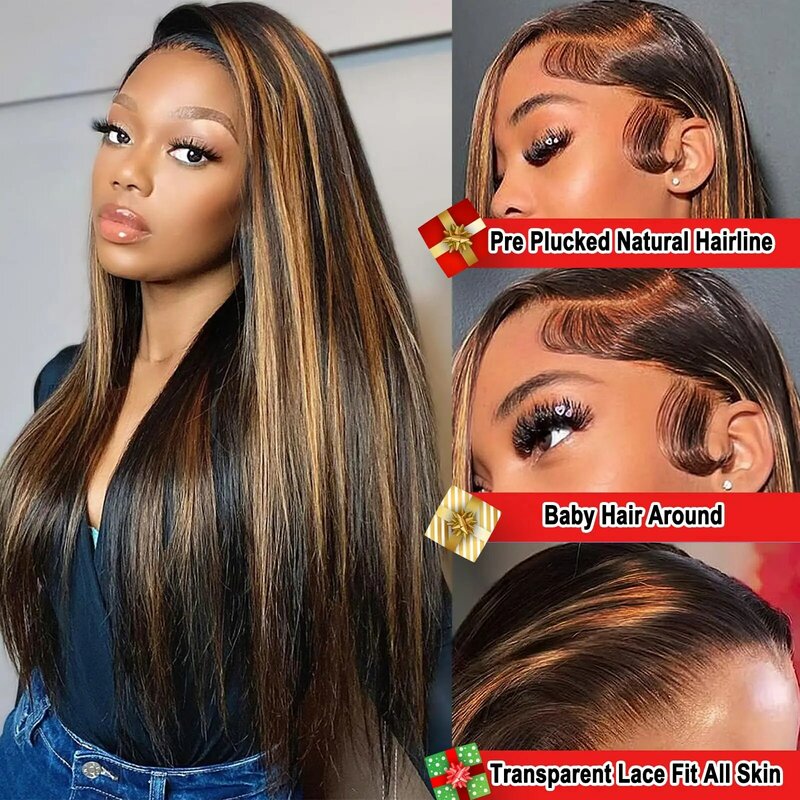 Highlight Ombre Lace Front Wig Human Hair With Baby Hair 1B/30 Highlight Ombre Straight Brazilian Human Hair HD Lace Front Wigs