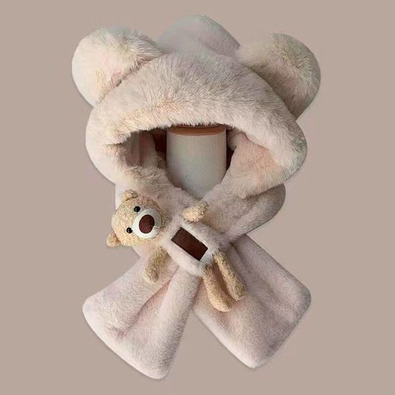 Plush Integrated Cap Scarf Winter Warm Windproof Neck Warmer Soft Thickening Beanie Hat Scarf Women