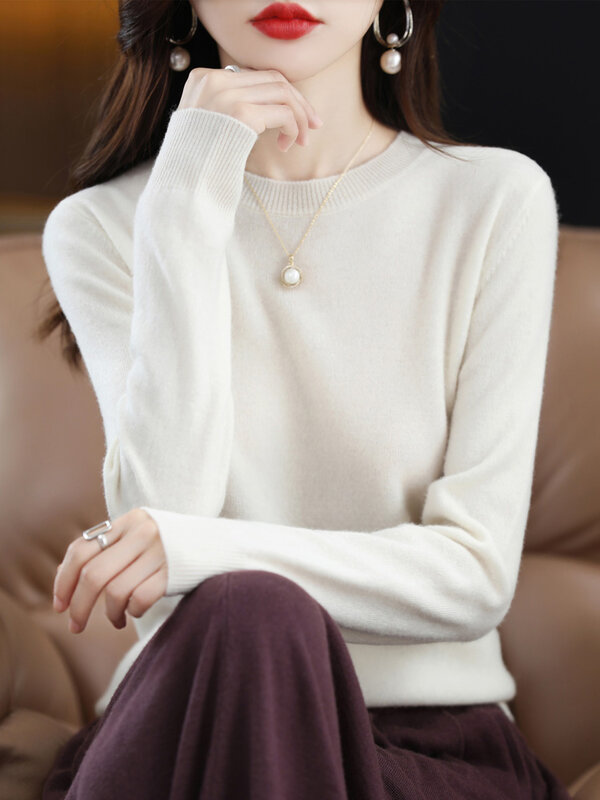 Женский кашемировый свитер с круглым вырезом, длинным рукавом