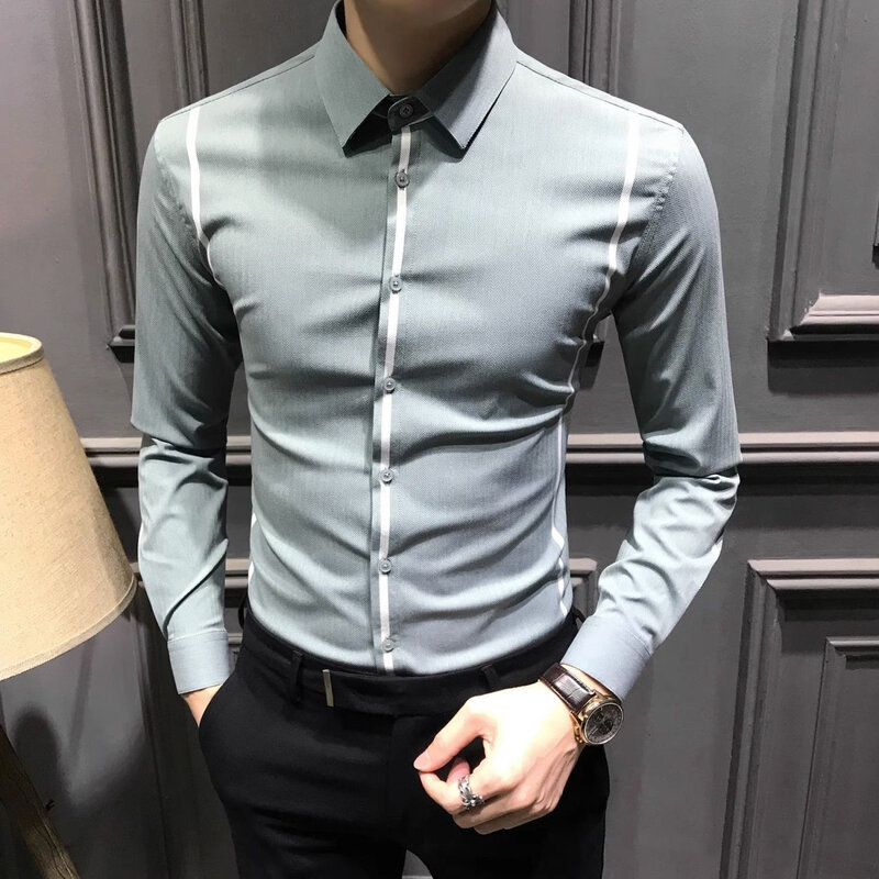 High End Fashion Simple Versatile Spring New Long Sleeve Shirt Men Lapel Collar Button Patchwork Striped Temperament Casual Top