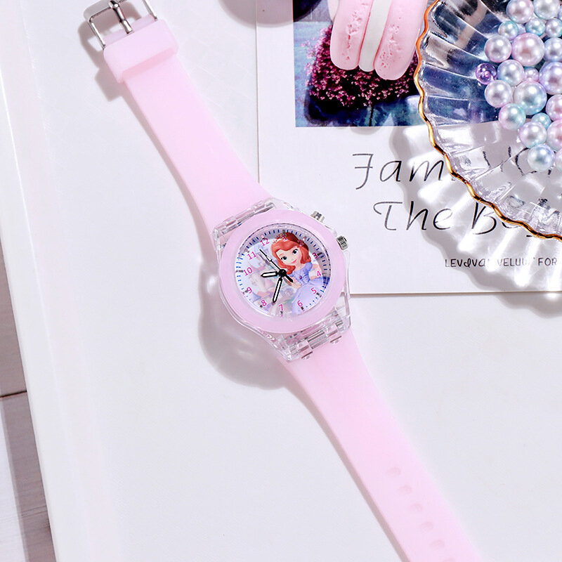 디즈니 겨울왕국 공주 시계 아이샤 키즈 야광 시계, 귀여운 실리콘 다채로운 조명 시계, 여아용 선물