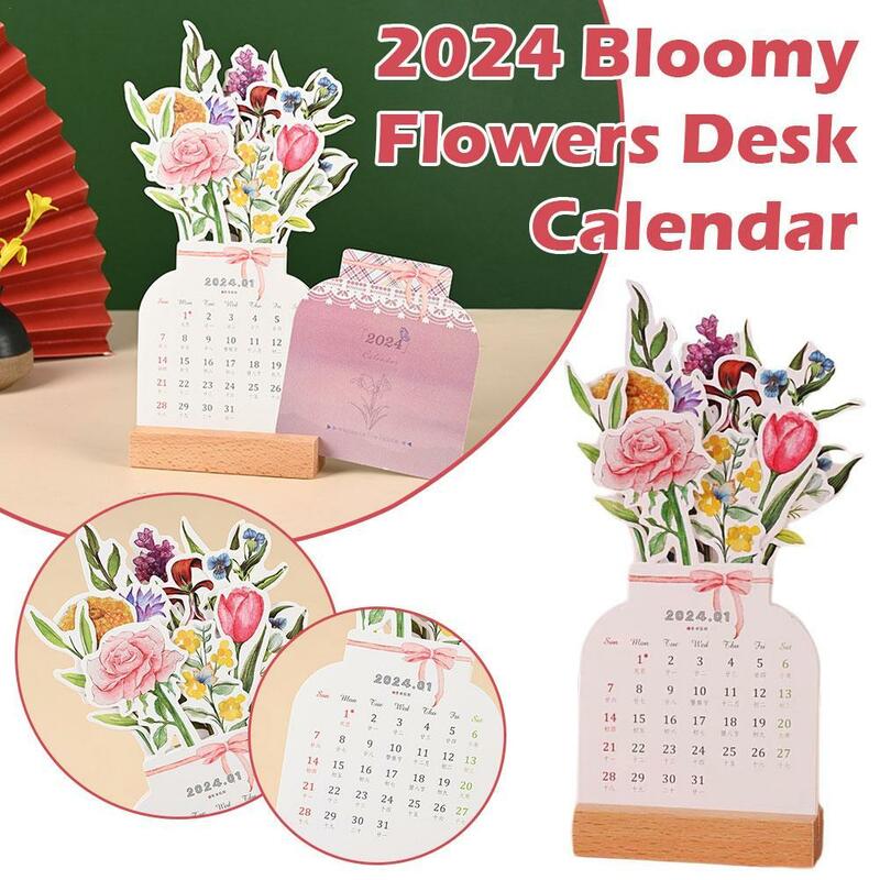Calendario de escritorio de flores Bloomy, suministros de decoración creativos de tarjetas de madera, calendario de escritorio de alta calidad, ilustrador, 2024