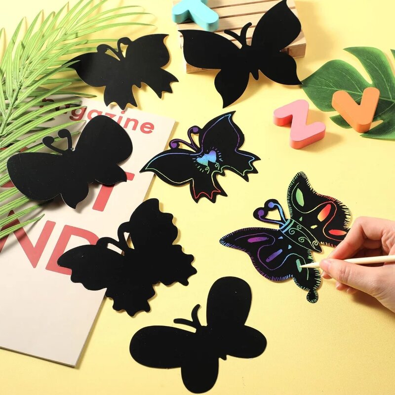 Papier à gratter papillon magique pour enfants, papier à dessin, signets, livre de peinture, carte créative, autocollant, jouet, ensemble de 6 pièces, ensemble de 12 pièces