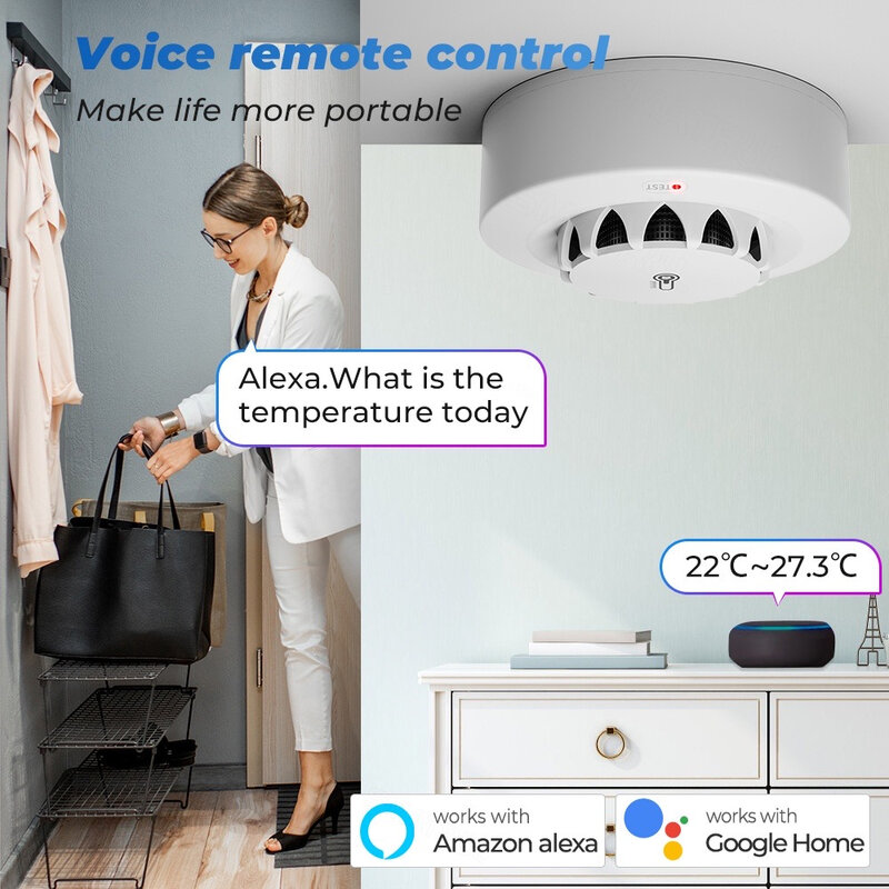 Tuya-温度および煙探知器,wifi,湿度,alexa経由での人間工学に基づいたアラーム,Google Home,温度計,デジタル消防士,スマートライフ昆虫