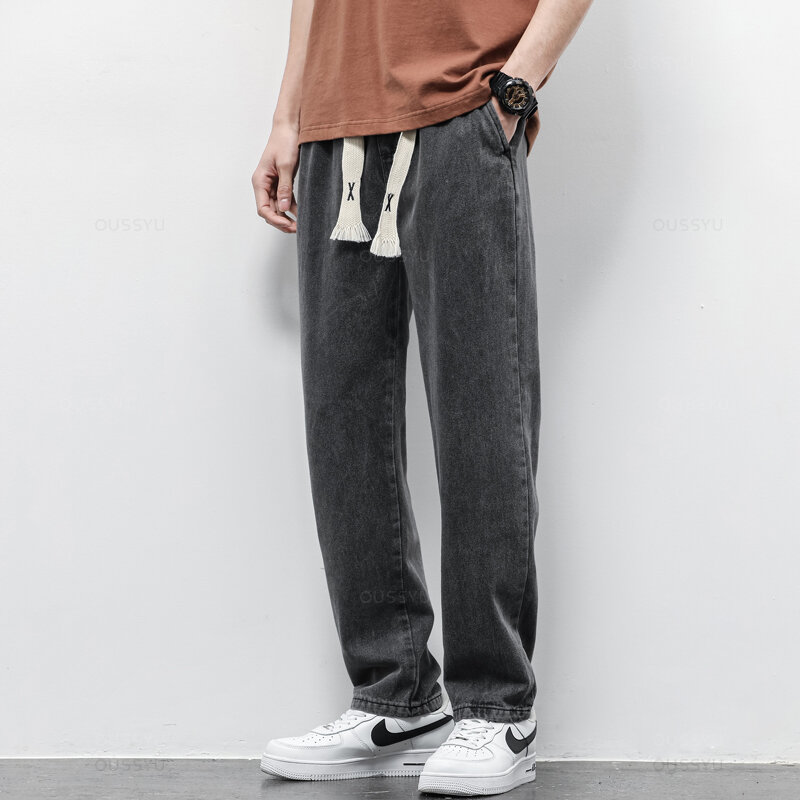 Jeans de printemps d'été pour hommes Coton Doux proximité wstring Pantalon droit Taille élastique Vintage Corée Casual fjMale Plus Taille S-5XL