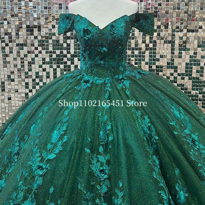 Hunter-vestido de princesa verde para quinceañera, vestido de baile con hombros descubiertos, dulce vestido de 16 flores de encaje con lentejuelas, con cordones, 15 años