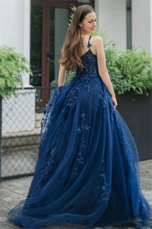 Women's Sweetheart Lace Appliques Tulle Spaghetti Strap Evening Dress Backless Split Floor-Length Sleeveless Formal Ball Gowns