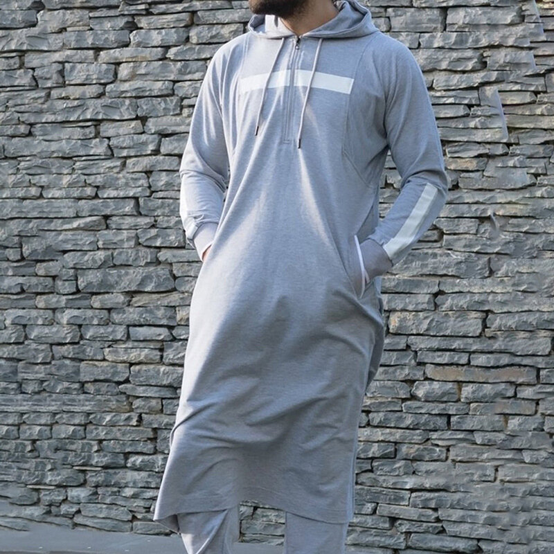 Robe à capuche rayée à manches longues pour hommes, vêtements arabes islamiques du Moyen-Orient, poches Wstring, pleine longueur, vintage, musulman