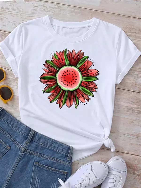 Verão feminino engraçado melancia fruta impressão camiseta, Harajuku camisas brancas, desenhos animados tops casuais, roupas femininas, novo