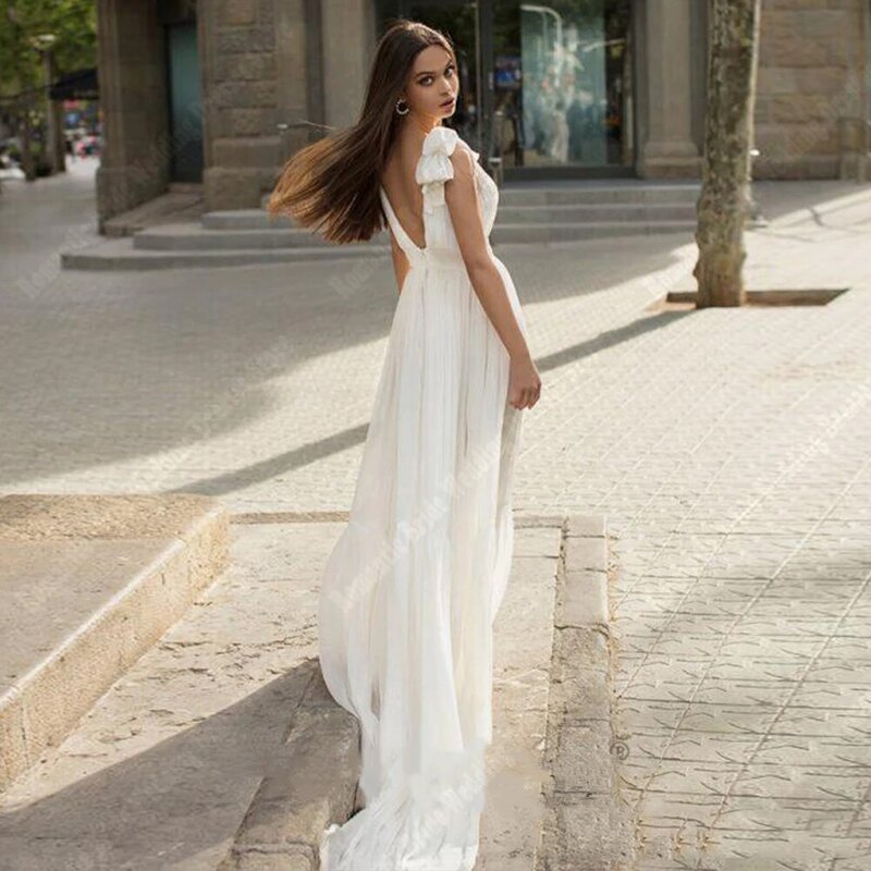 Selebriti Tulle Deep-V gaun pengantin untuk wanita Formal lengan panjang gaun pernikahan A-Line renda Applique pesta Vestidos De Novias