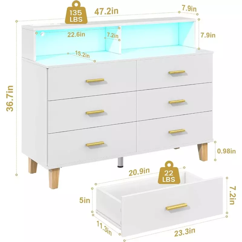 Peito de gavetas com luz LED e tomada de energia, 6 gavetas Dresser for Bedroom, Tall Wide Cabinet Organizer