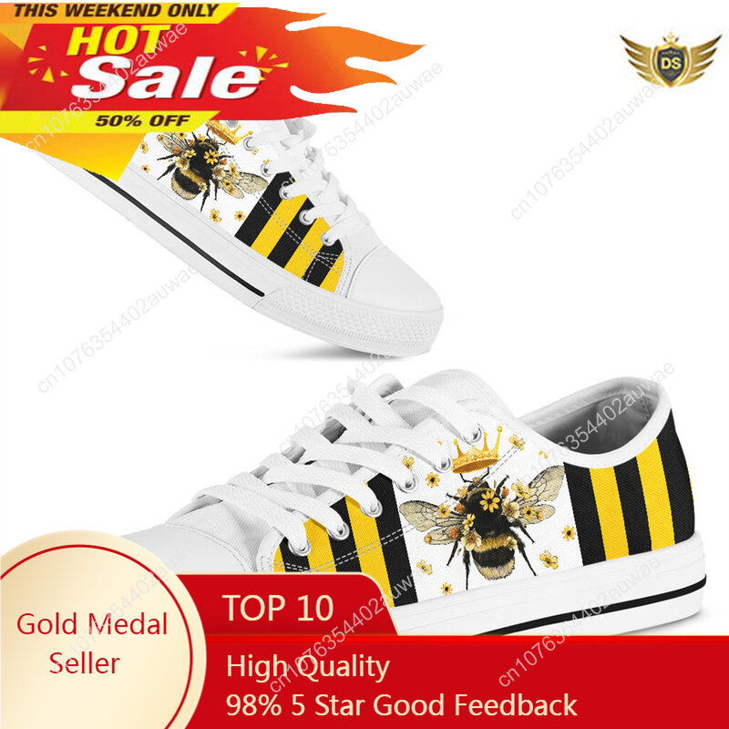 Tênis de lona respirável para mulheres, Bee Queen Strip Casual Flats, Sapatos de renda branca, Confortável