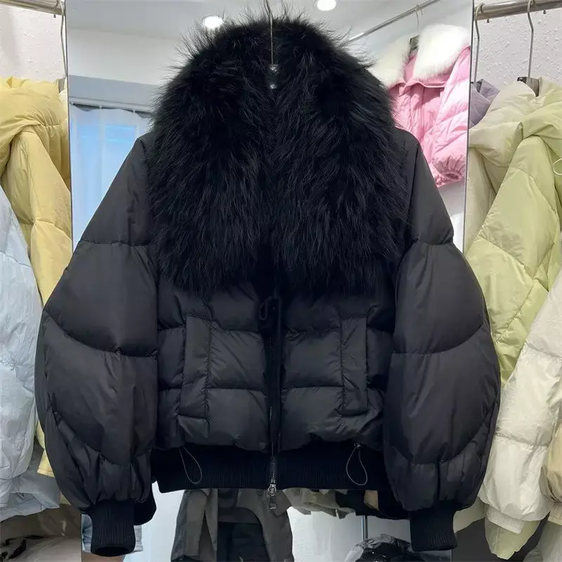 여성용 두꺼운 따뜻한 짧은 파카, 진짜 천연 너구리 모피, 루즈 90% 화이트 덕 다운 코트, 겨울 패딩 재킷, 신상