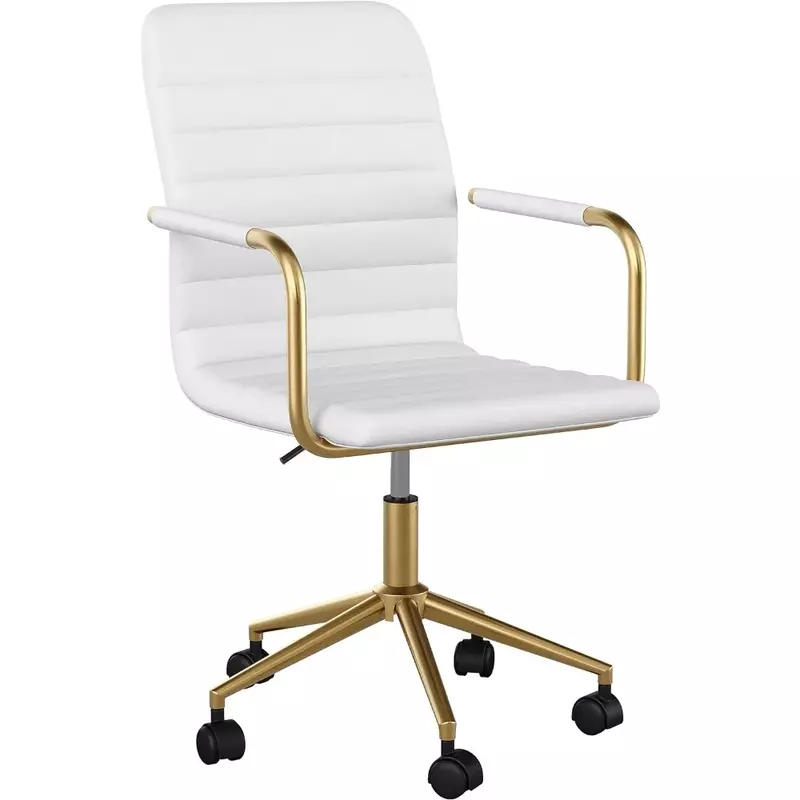 Kursi kantor dengan sandaran tangan putar, cocok untuk rumah kantor, kulit imitasi putih, bingkai kuningan poles