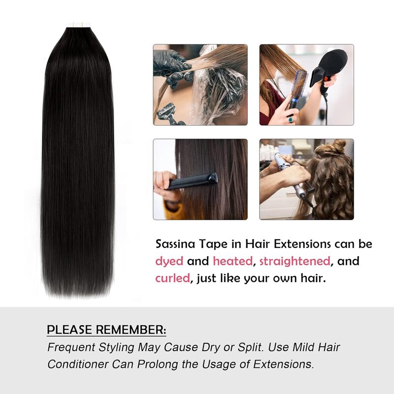 Tape In Extensions Human Hair 26 Inch Natural Black Straight Hair Skin Weft Adhesive Glue On For 100% Real Brazilian Human Hair