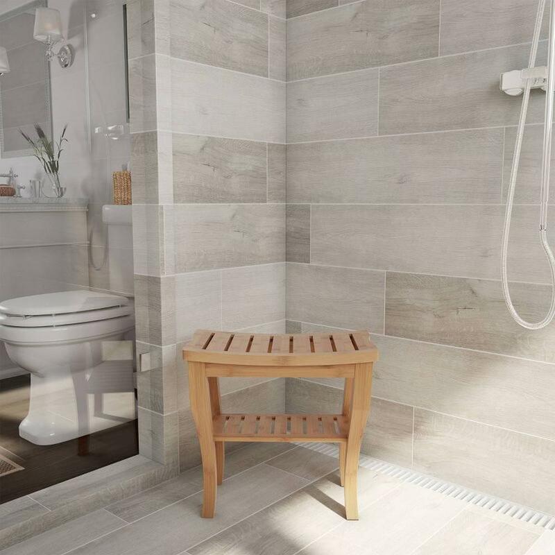 Water Resistant Natural Eco Friendly Bamboo Shower Bench with Bathroom Storage Shelf Brown