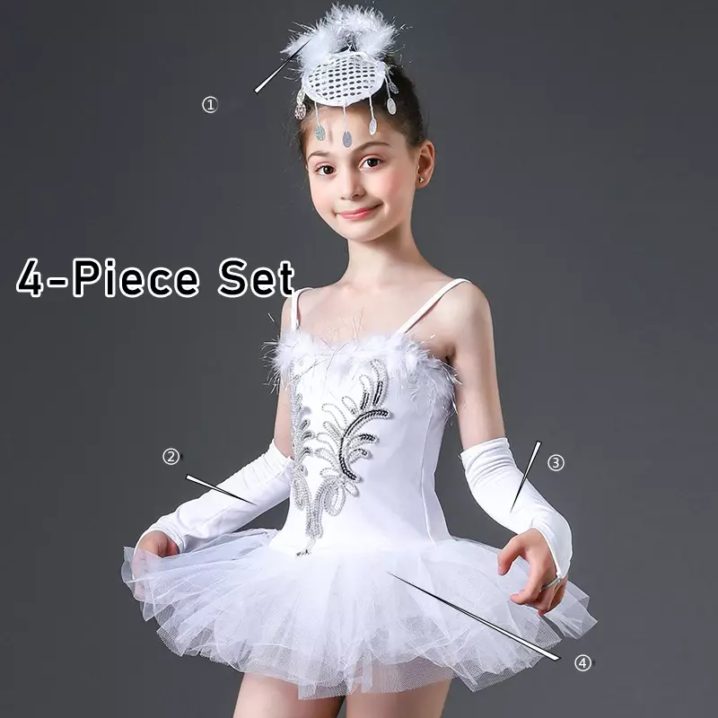 4PCS/set Kids Girls Sequined Ballet Tutu Dress Fashion Swan Dancewear Leotards Ballerina Costume with Headwear+1 Pair Bracelets