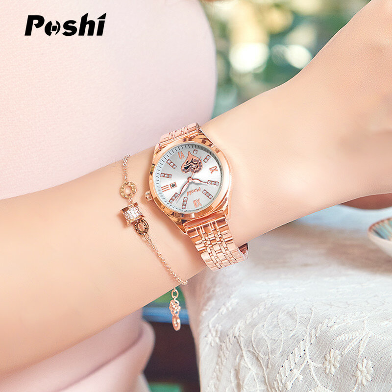 POSHI 여성용 방수 쿼츠 시계, 여자 친구 선물, 패션 스테인레스 스틸 날짜 손목시계, Relogio Feminino