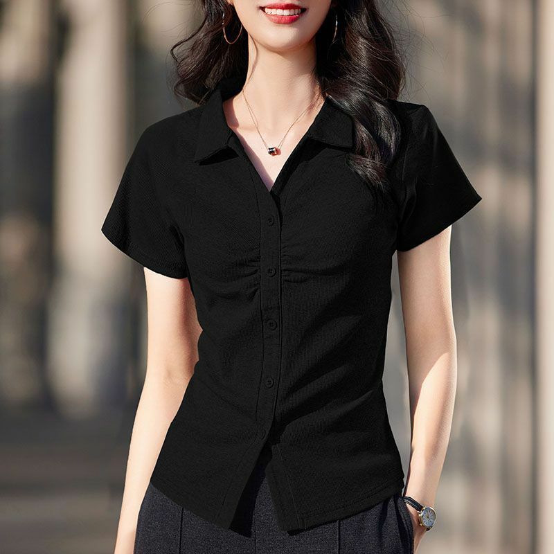 2024 Summer New Women's Solid Color Korean Commute Polo Neck Ruched Single-breasted Cotton Slim Casual Short Sleeve T-shirt Tops