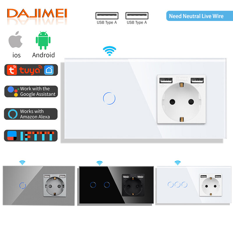 Dakemei Tuya Smart Touch Switch 1/2/3Gang Wifi Light Switch dan Normal EU Wall Dual USB Socket Smart Life Google Alexa untuk Rumah