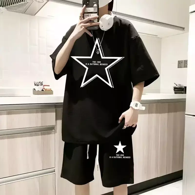 new Summer Tshirt Set Men star Printing Pure Cotton Tracksuit 2 Piece Sets Outfits Man Sportswear Hip Hop Streetswear S-5XL