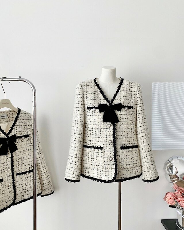 Elegante giacca da donna con scollo a V e fiocco in Tweed Lady autunno inverno manica lunga monopetto allentato Outwear