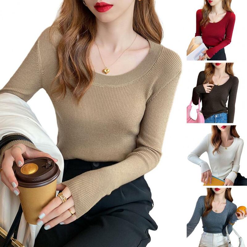 Fall Spring Women Top Round Neck Long Sleeve Solid Color Knitted Elastic Casual Soft Breathable Pullover Lady T-shirt Blouse