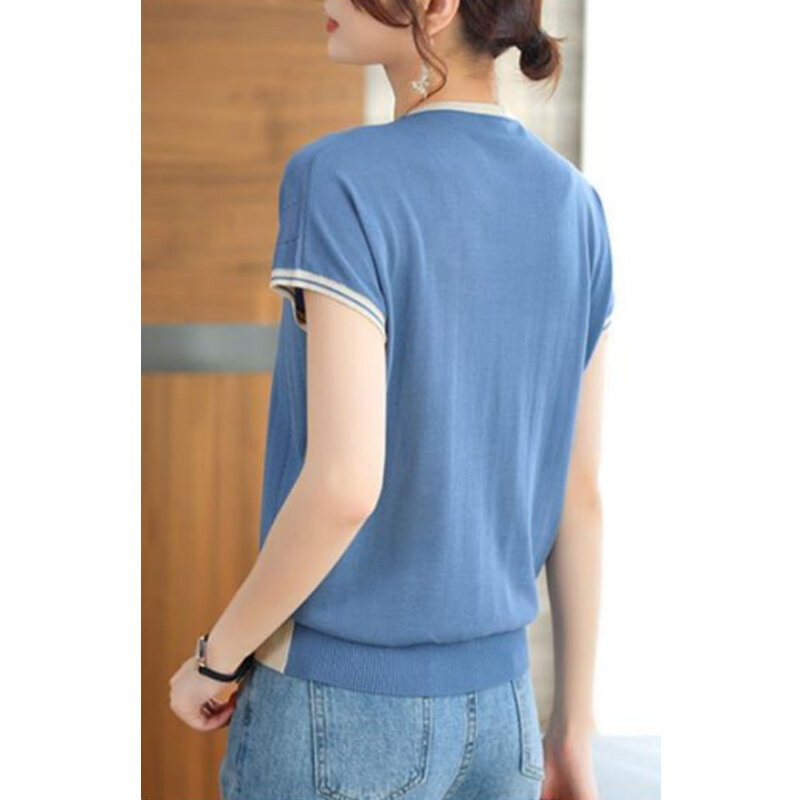 Camisetas de punto de manga corta con cuello en V para mujer, ropa de retales a rayas de estilo Simple informal, moda de verano 2023