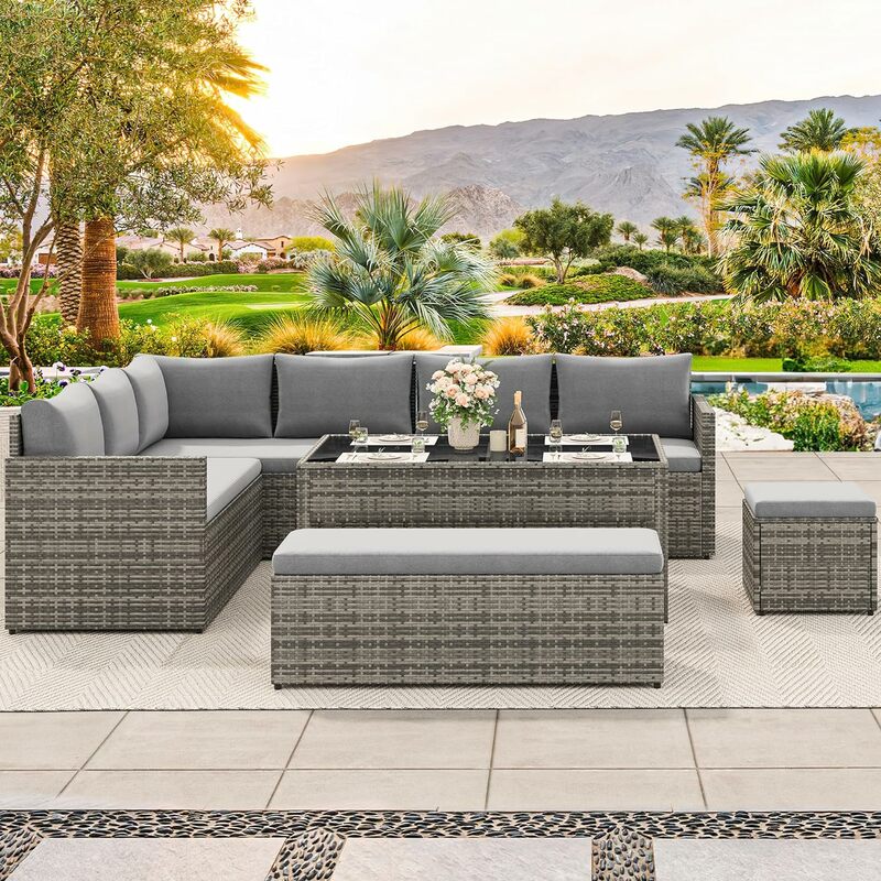 9 Pieces Patio Furniture Set, All Weather Wicker Outdoor Sectional Sofa Conversation Set with Dining Table and Ottoman, Gray