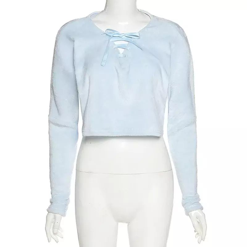 Fashion musim dingin 2024 sweter Wanita Kasual, atasan tanpa tali longgar lengan panjang biru muda, Sweater kasual Semua cocok