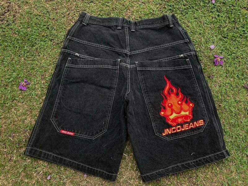JNCO-Shorts jeans retrô de cintura média para homens e mulheres, moletom gótico, hip-hop, jeans Y2K, hip-hop de rua, anos 90