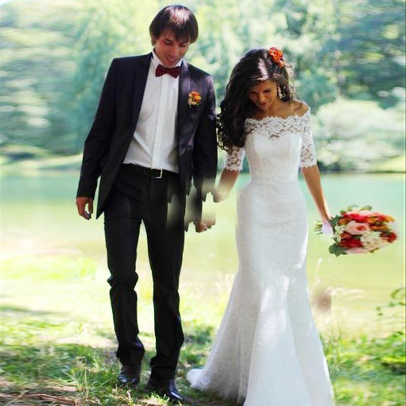 ชุดแต่งงานแขนยาวปานกลาง2024ใหม่ชุดแต่งงานลูกไม้เปิดไหล่ทรงหางปลาแขนดูสง่างามสำหรับเจ้าสาว