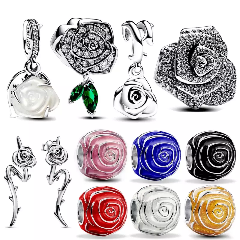 925 Sterling Silver Grand Rose Bloom Collection Fit Original Pandora Charm Beaded Necklace Earrings Women's Jewelry Making Gift
