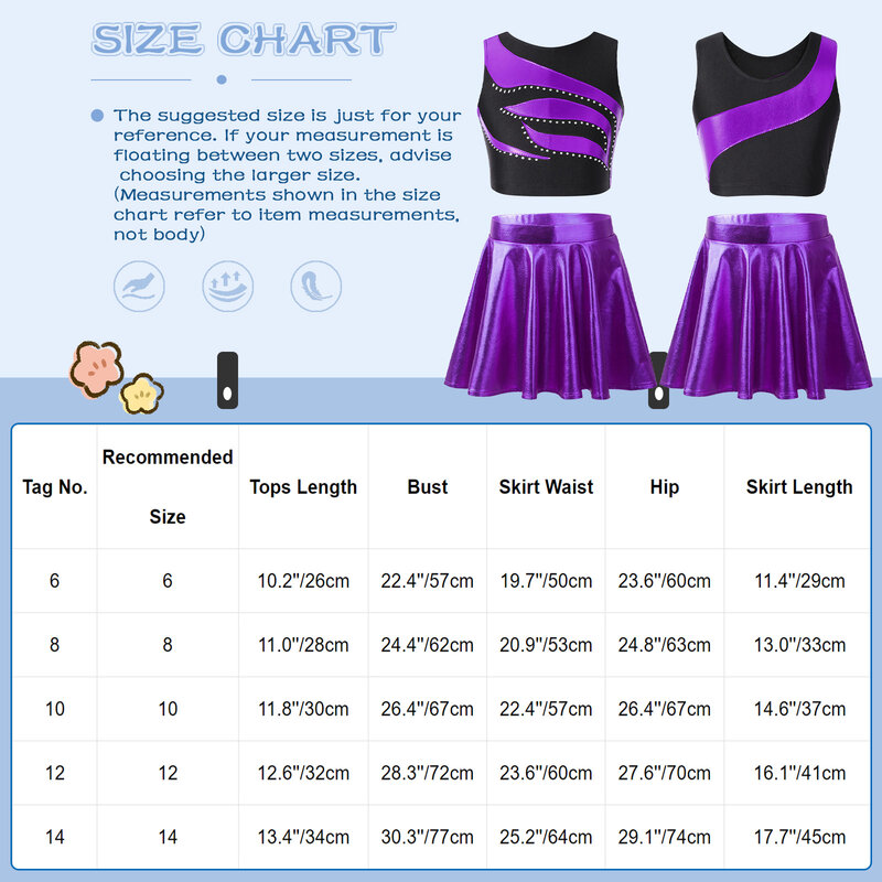 Kids Girls Metallic Shiny Dancing Clothes Sleeveless Round Neckline Shiny Patchwork Crop Top with A-Line Skirt Children’s Outfit