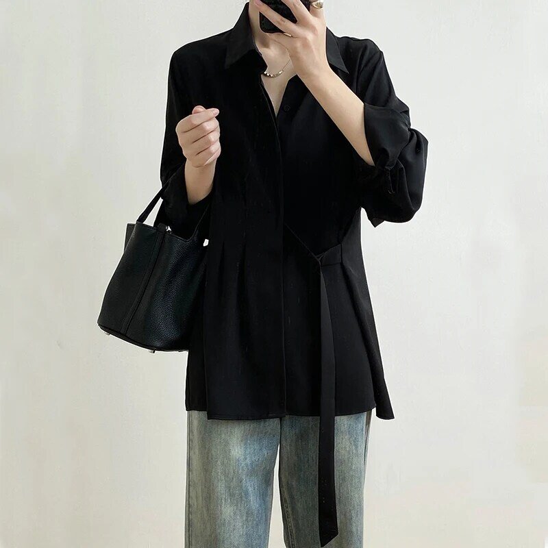 Blusa de cordões coreana para mulheres, camisa elegante com lapela, cor sólida, manga longa, botão, moda, nova