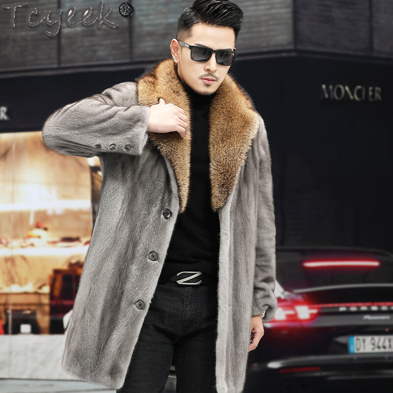 Tcyeek jaket bulu cerpelai pria, pakaian bulu cerpelai alami hangat, mantel bulu asli setengah panjang modis musim dingin untuk lelaki