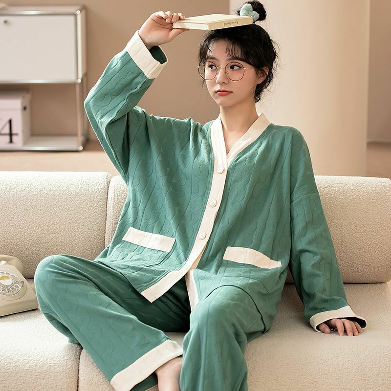 Suo & chao impressão dos desenhos animados com decote em v pijamas conjuntos para as mulheres manga longa topos annnd calças compridas camisola de casa