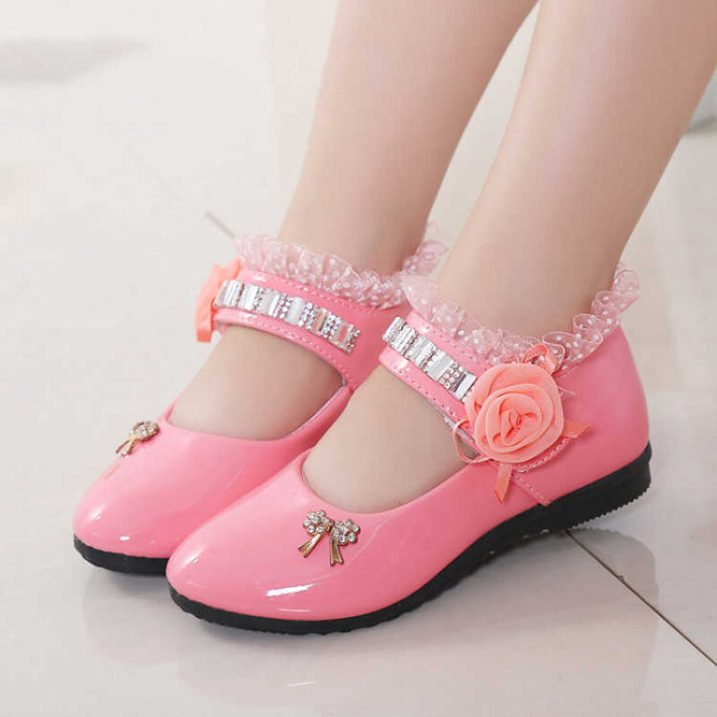 Kid Shoe 2023 New Flower Girl Shoe Spring Autumn Princess Lace PU Leather Shoe Cute Bowknot Rhinestone for3-11 Ages Toddler Shoe